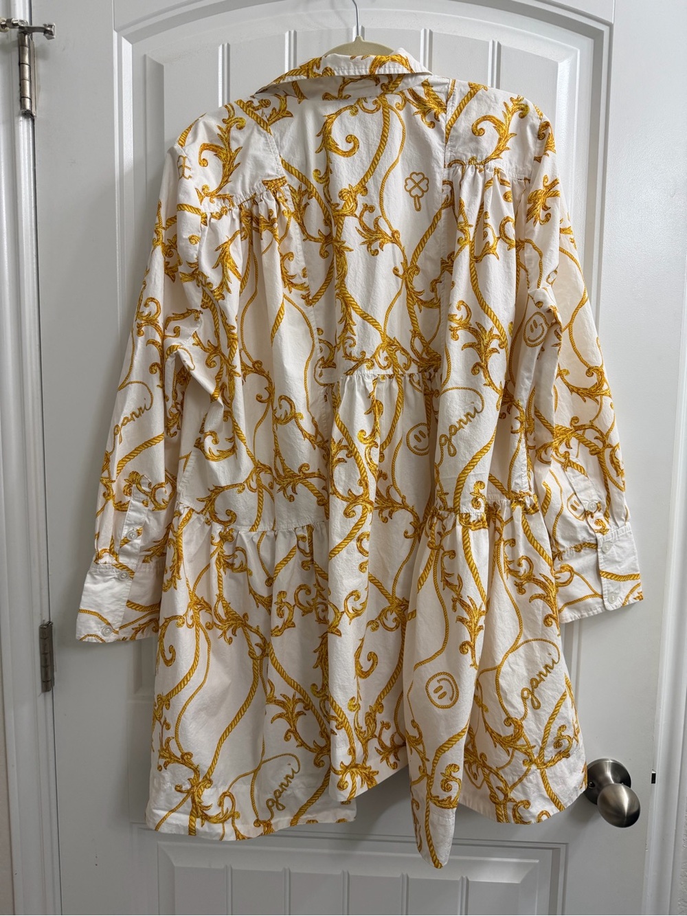 Ganni Printed Cotton Poplin Gathered Panel Wide Mini Shirt Dress size 40/US 6-M - Picture 10 of 10